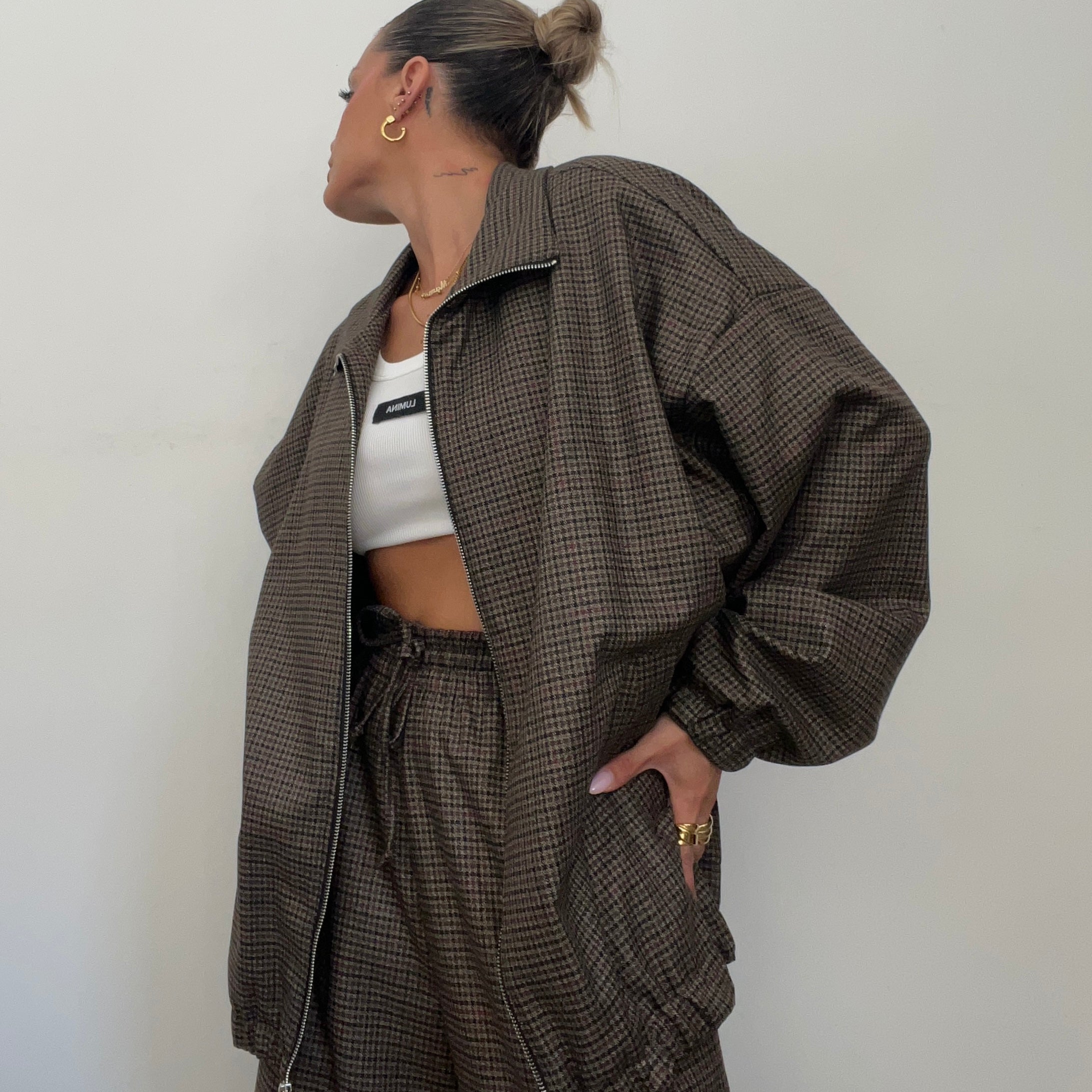CHAQUETA CUADROS KHAKI LUMINA
